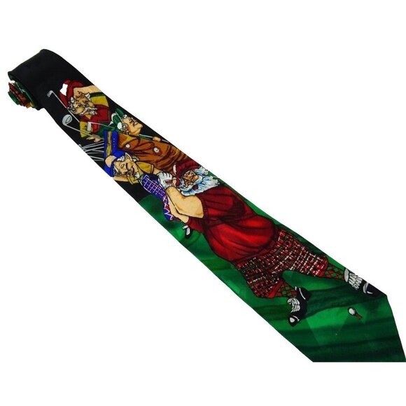 Funny Christmas Silk Tie Golfing Santa with Elves Necktie - Picture 1 of 3
